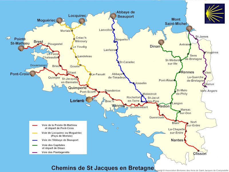 carte chemins de compostelle en Bretagne